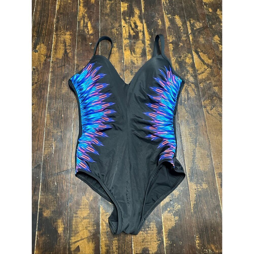 Miraclesuit v-neck slimming ruched feather black one piece swimsuit
